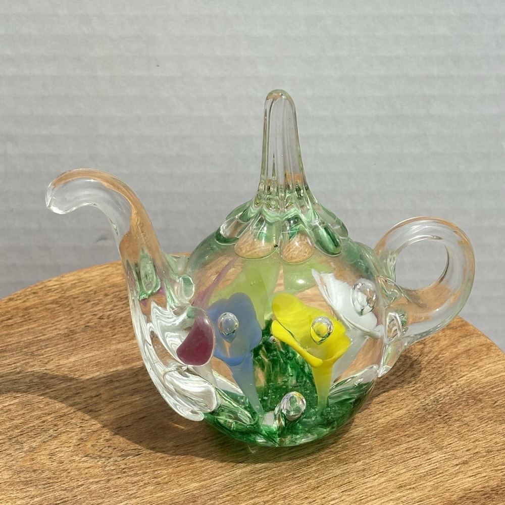 Vintage Joe St. Clair Art Glass Teapot Paperweight Ring Holder Floral Clear 3.5"
